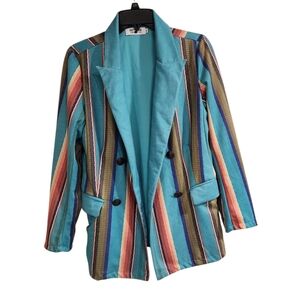 Crazy Train Womens Sz S Blazer Multicolor Western Striped Pockets Buttons Open